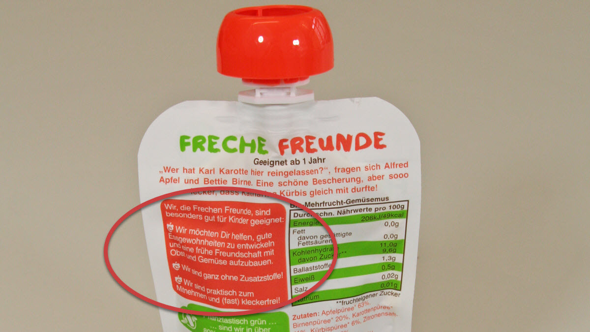 Marktcheck Kinder-Convenience-Food VZ Brandenburg Freche Freunde Gemüse-Quetschies Werbung 2020