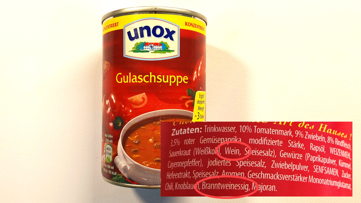 Gulasch-Suppe Produktauswahl zu Alkohol in Lebensmitteln Kuchen Desserts Fertigsuppen Saucen (c) Verbraucherzentrale Brandenburg