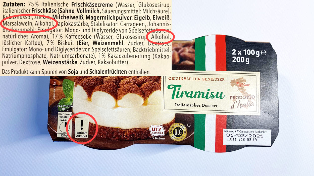 Tiramisu Produktauswahl zu Alkohol in Lebensmitteln Kuchen Desserts Fertigsuppen Saucen (c) Verbraucherzentrale Brandenburg