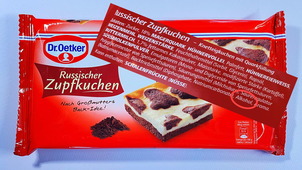 Zupfkuchen Produktauswahl zu Alkohol in Lebensmitteln Kuchen Desserts Fertigsuppen Saucen (c) Verbraucherzentrale Brandenburg