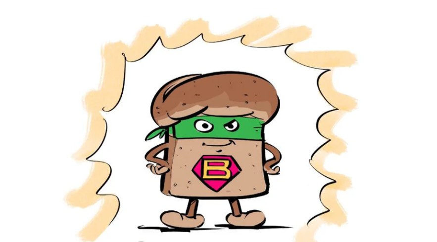 Ein Brot mit Maske und Superman S auf der Brust