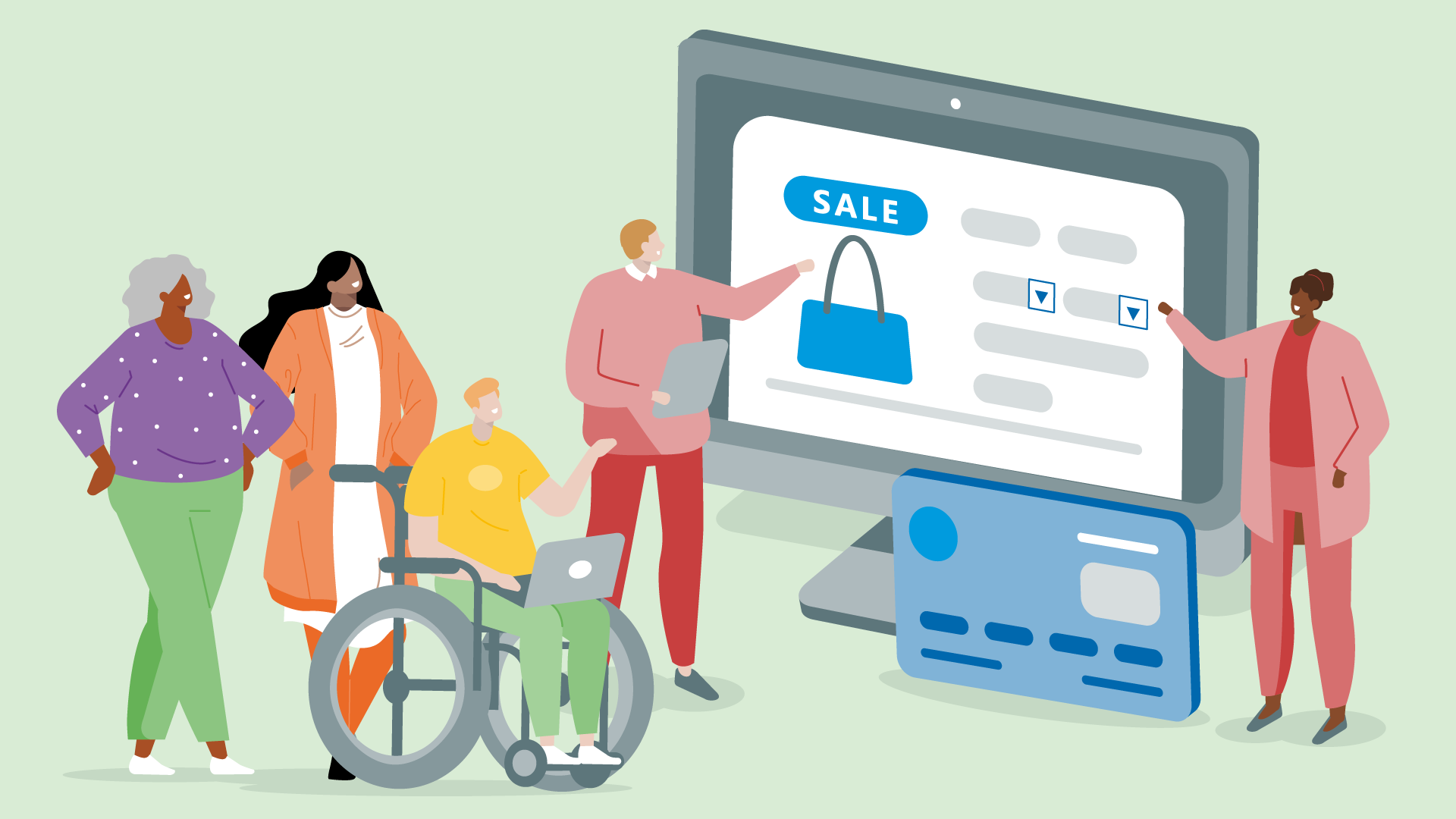 Eine Gruppe von Menschen informiert sich zu digitalen Verbraucherthemen wie sicher Einkaufen im Netz