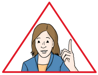 Zeichnung einer Frau, die warnend den Finger hebt und von einem roten Dreieck umrundet ist.und ist