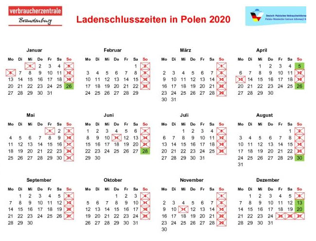 Kalender Ladenschlusszeiten in Polen 2020 VIZ