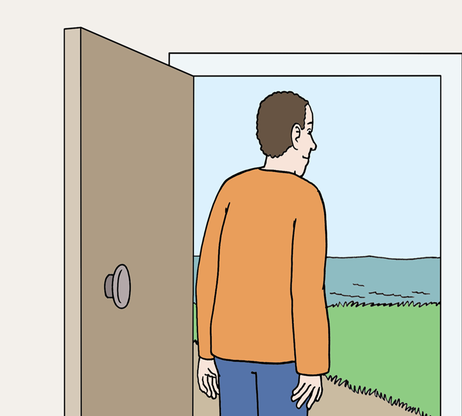 Mann an der offenen Haustür