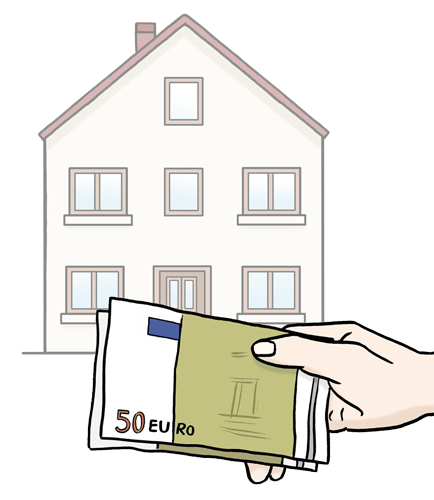 Zeichnung eines Hauses. Davor eine Hand mit Geldscheinen.