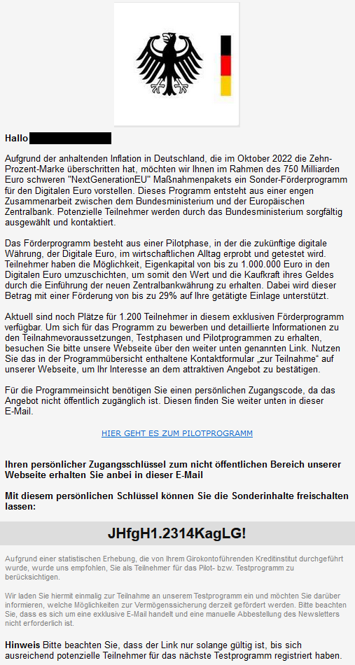 Screenshot einer Phishing-Mail mit Bezug zur Inflation, über die man das eigene Geld angeblich über das "NextGenerationEU"-Programm retten könne.