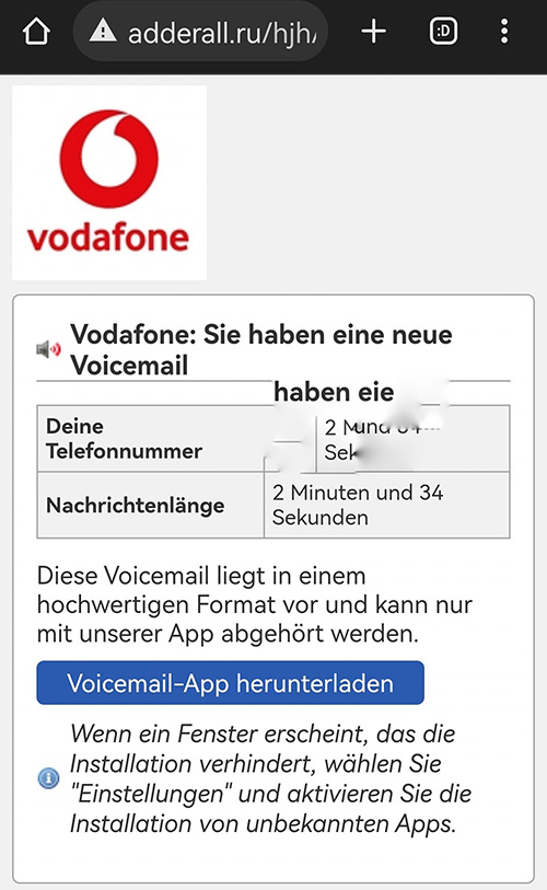 Screenshot einer gefälschten Vodafone-Internetseite