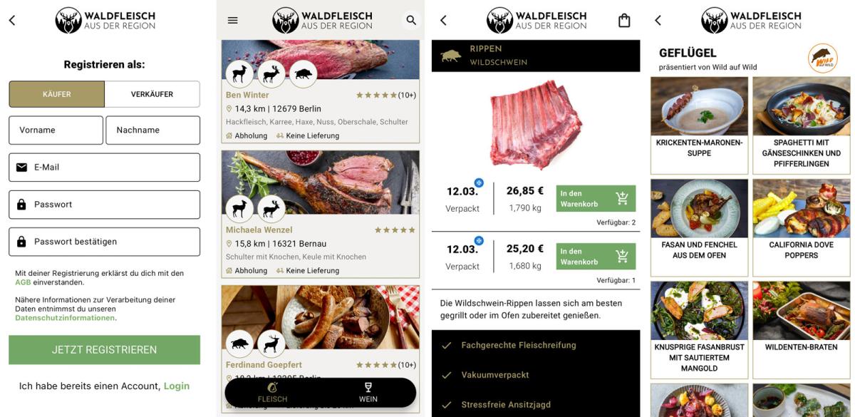 Beispielhafte Screenshots der App "Waldfleisch"
