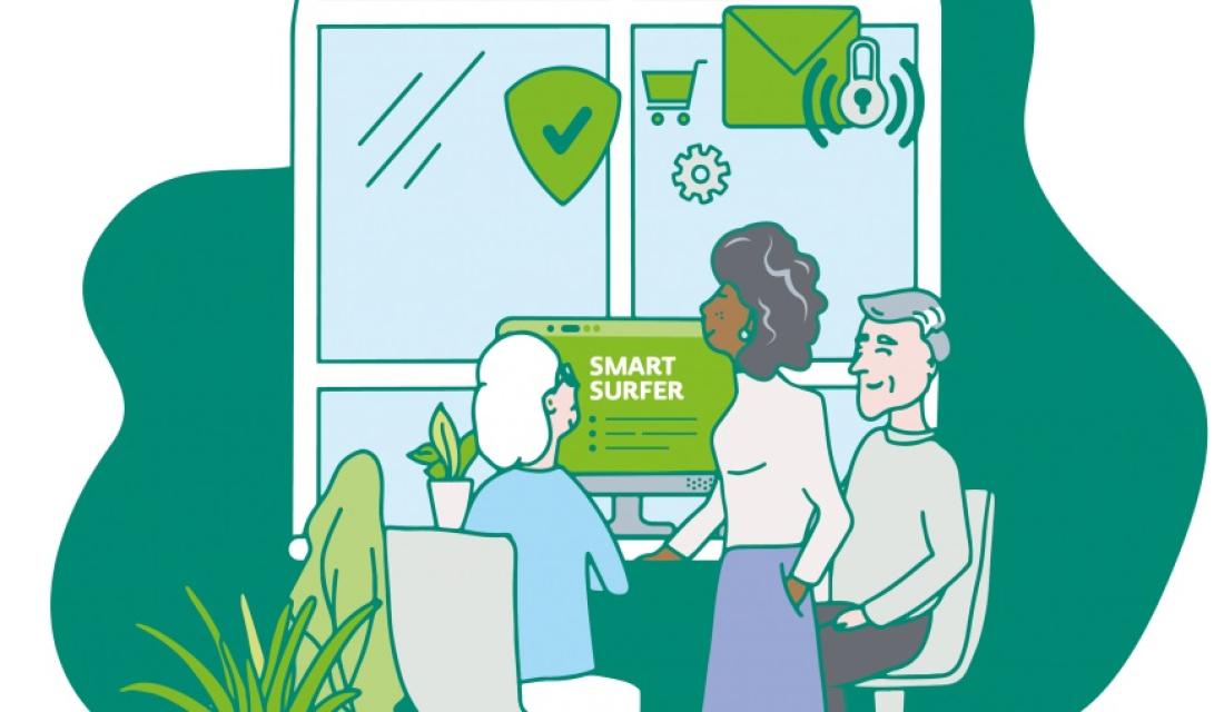 Illustration mit drei Senior:innen vor einem PC