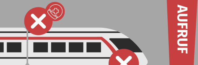 Ein rotes Ausrufezeichen mit dem Wort Aufruf neben einem Zug und Symbolen wie einem X und Sturmwolken.