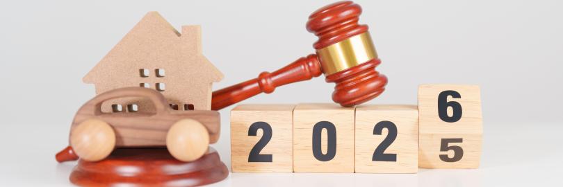 Holzspielzeug mit Aufschrift "2026" sowie ein Holzhaus, ein Holzauto und ein Gerichtshammer