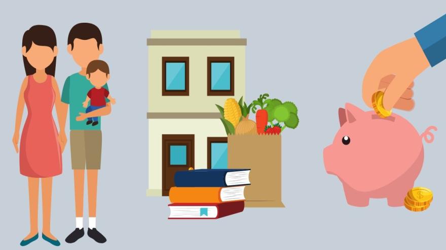 Zu sehen sind ein Sparschwein, Eltern mit einem Kleinkind und Ein Haus mit Einkäufen und Lehrbüchern.
