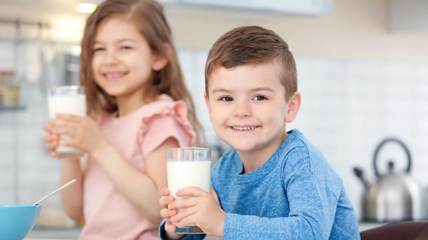 Zwei kleine Kinder halten je ein Glas Milch in der Hand.