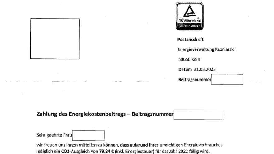 Anschreiben Betrugsmasche Energiekostenbeitrag 