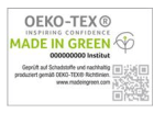 Grafik: Siegel von OEKO-TEX Made in Green, graue und grüne Schrift auf weißem Hintergrund
