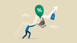 Grafik: Mann schiebt Einkaufswagen eine Aktienkurve hinauf 