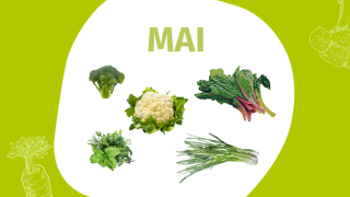 Schrift "Mai" und Fotos einiger Gemüsesorten