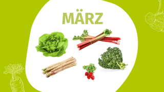 Schrift "März" und Fotos einiger Gemüsesorten